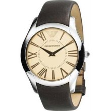 Men's Classic Stainless Steel Case Leather Bracelet Cream Tone Dial