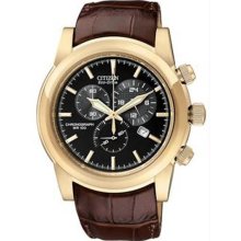 Men's Eco-Drive Rose Gold Tone Black Dial Chronograph Brown Leather Strap