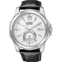 Men's Eco-Drive Stainless Steel Case Silver Dial Date Display Black Le