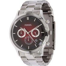 Mens Fossil Stainless Silver Chronograph Burgundy Dial Watch Fs4675