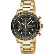 Men's Gold Tone Solar Flight Quartz Alarm Chronograph Black