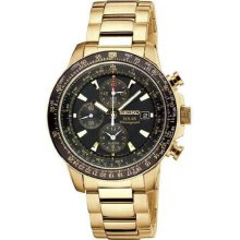 Men's Gold Tone Solar Flight Quartz Alarm Chronograph Black Dial