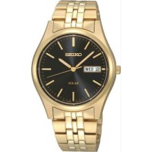 Men's Gold Tone Stainless Steel Solar Quartz Link Bracelet Black Dial