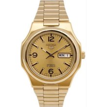 Men's Gold Tone Stainless Steel Seiko 5 Automatic Silver Tone Dial