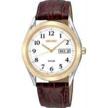 Men's Gold Tone Stainless Steel Solar Quartz White Dial Leather Strap