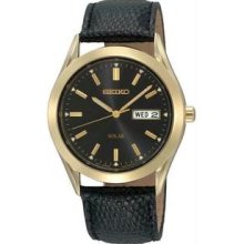 Men's Gold Tone Stainless Steel Solar Quartz Black Dial Leather