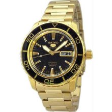 Men's Gold Tone Stainless Steel Seiko 5 Sports Automatic Black Dial Be