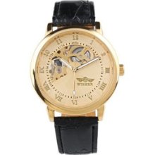 Men's Golden Case Skeleton Dial Hand-Wind Up Leather Mechanical Watch