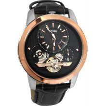 Men's Grant Stainless Steel Case Leather Bracelet Black Skeleton Dial Rose Gold