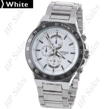 mens new Mike stainless steel chrome quartz dress watch white face & black bezel