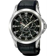 Men's Premier Stainless Steel Case Leather Bracelet Black Dial Day