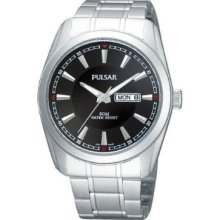 Men's Pulsar By Seiko Quartz Ph3001x Day/date Black Dial Steel Watch