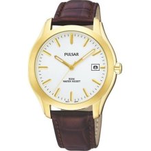 Mens Pulsar Leather White Dial Date 5ATM Casual Watch PXH734