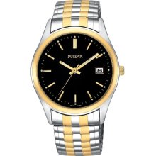 Men's Pulsar PXH428 Watch w Two-Tone Woven Look Expansion Bracelet & Black Dial