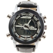 mens Quamer digital/analog stainless steel chrome watch w/white face PU band