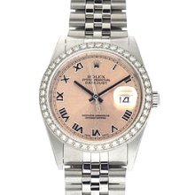 Mens Rolex Datejust Steel/Gold 2-Tone Diamond Watch 16234 Salmon Dial