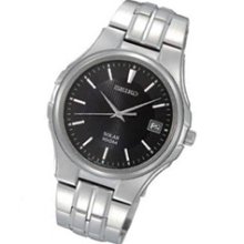 Men's Seiko Solar Silver-Tone Stainless Steel Watch with Round Black