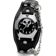 Mens Skull Face Black Band Silver Tone Studded Watch