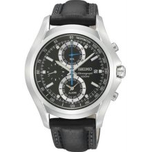 Men's Stainless Steel Case Alarm Chronograph Black Dial Black Leather Strap