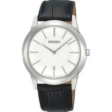 Men's Stainless Steel Case Neo Quartz White Dial Black Leather