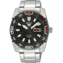 Men's Stainless Steel Seiko 5 Sports Automatic Black Dial Bezel Red
