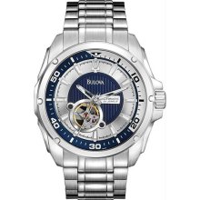 Men's Stainless Steel Skeleton Window Automatic Silver and Blue Dial