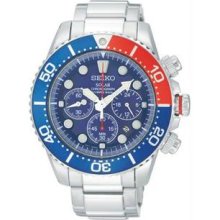 Men's Stainless Steel Solar Quartz Chronograph Blue Dial Blue and Red