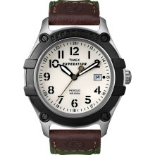 Mens TIMEX Expedition New Round Steel Watch Indiglo Green Fabric Leather Strap - Green - Leather