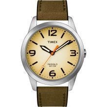Mens TIMEX New Weekender Classic Casual Analog Steel Watch Olive Leather Strap - Olive - Surgical Steel
