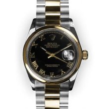 Men's Two Tone Oyster Black Roman Dial Smooth Bezel Rolex Datejust