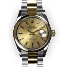 Men's Two Tone Oyster Champagne Stick Dial Smooth Bezel Rolex Datejust