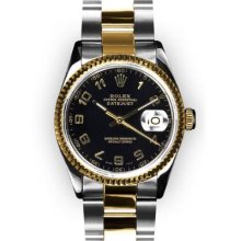 Mens TwoTone Oyster Black Arabic Numeral Dial Fluted Rolex Datejust