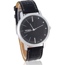 MIKE Round Dial Men's Analog Watch with PU Leather Strap (Black)