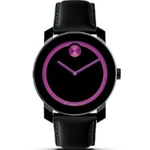 Movado Bold Medium Black Leather Strap Ladies Watch 3600053