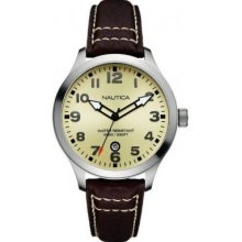 Nautica Men's Bfd 101 Watch With Tan Dial And Brown Pebble Grain Leather Strap - A09559g