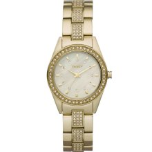 New DKNY Ladies Crystals Gold-Tone Steel Bracelet Round MOP Analog Watch NY8398