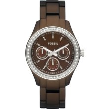 New FOSSIL Ladies Round Analog Brown Aluminum Watch Bracelet Crystals