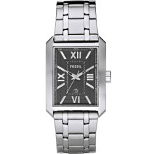 New FOSSIL Mens Rectangular Analog Grey Watch Stainless Steel Bracelet Quartz