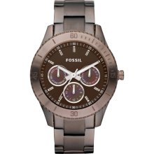 New Ladies FOSSIL Stella Brown Round Chronograph Steel Bracelet Watch MOP Dial