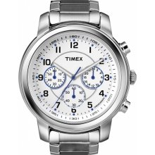 New Mens TIMEX Chronograph Silver-Tone Stainless Steel Bracelet White Dial Watch