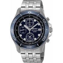 *NEW* SEIKO SNA793 Mens Watch Stainless Steel Alarm Chronograph Blue Dial