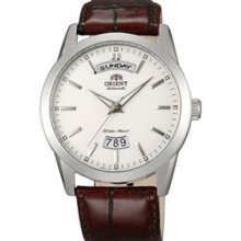 Orient Union 21-Jewel Automatic Day and Date Watch with White Dial and Brown Strap #EV0S005W