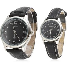 Pair of Roman Numbers Analog PU Quartz Couple Watches (Black)