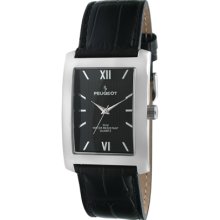 Peugeot 2033Bk Men'S 2033Bk Silver-Tone Black Leather Strap And Black Dial Watch