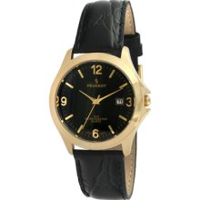 Peugeot Men's Round Black Leather Strap Watch - Gold