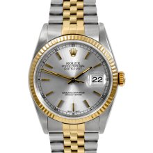 Pre-owned Rolex Mens Two Tone Datejust Silver Stick Dial Watch (Mens watch)