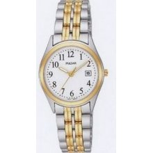 Pulsar Ladies` Dress Watch W/ 2 Tone Bracelet & Case/ White Dial