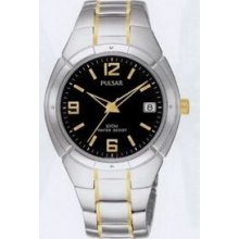 Pulsar Men`s 2 Tone Watch W/ Round Black Dial & Arabic Numeral