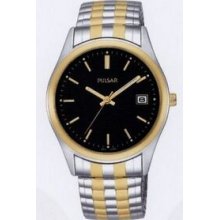 Pulsar Men`s 2 Tone Expansion Watch W/ Round Black Dial & Gold Hour Markers