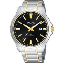 Pulsar Mens Analog Stainless Watch - Two-tone Bracelet - Black Dial - PS9109X